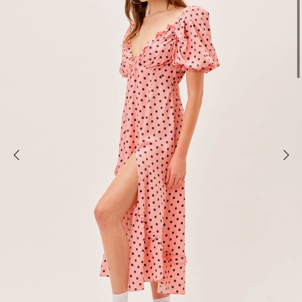 for love and lemons pink keeley midi dress with polka dots